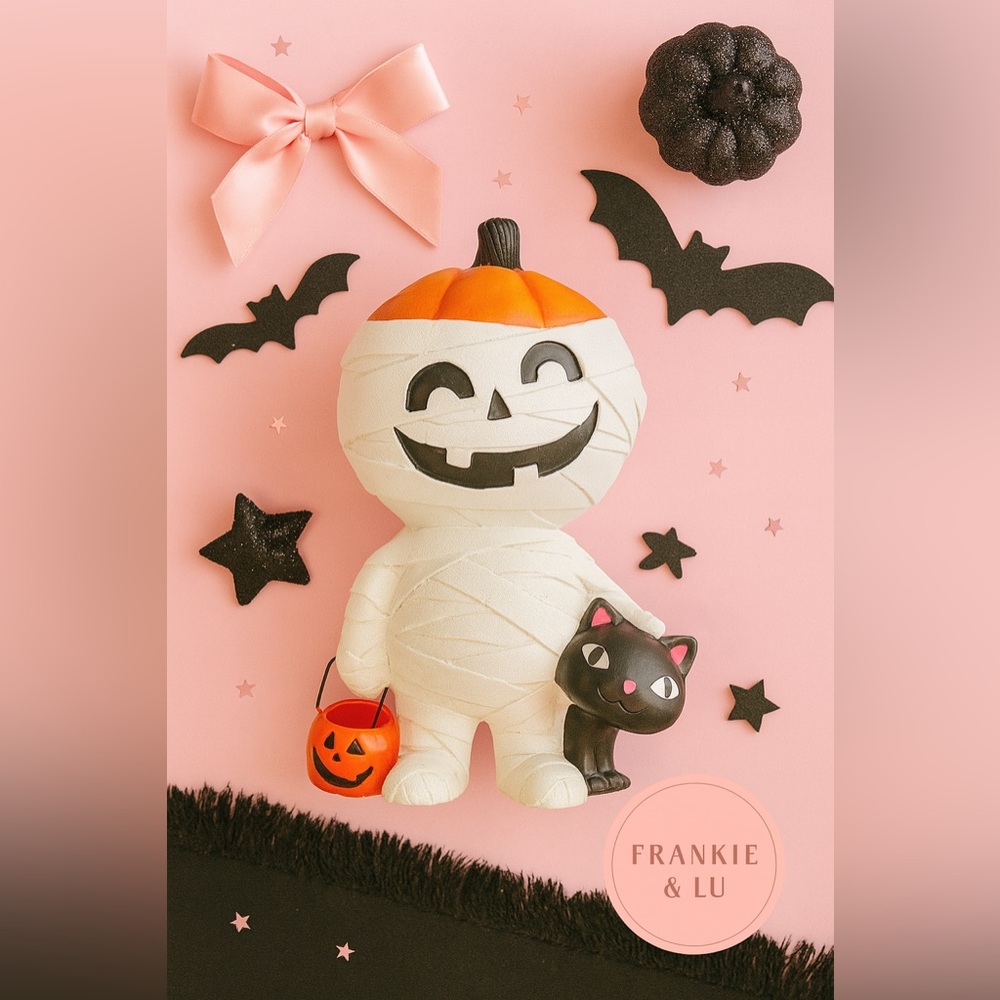 Jack O Lantern Mummy Statue w Black Cat Halloween Decor 16” NWT